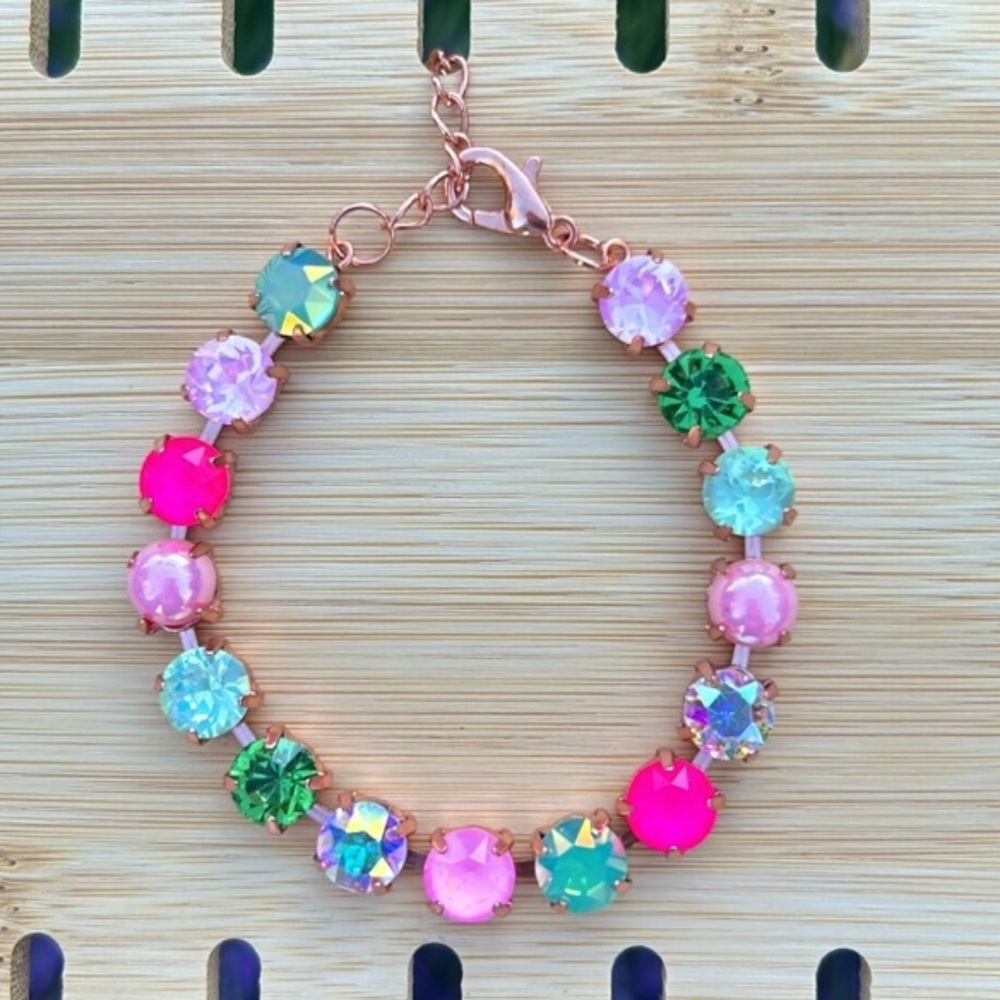 “Lillie” Hot Pink + Peridot Aurora Borealis Rose Gold Crystal Tennis Bracelet